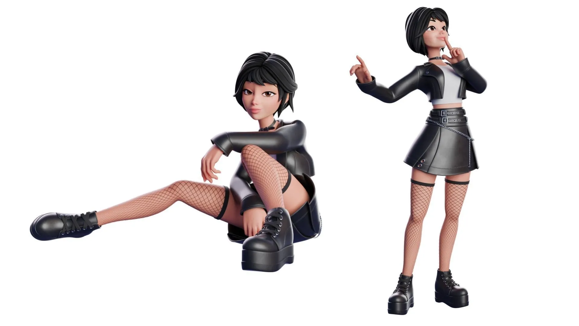 Cartoon Emo Goth K-pop Girl Woman 3D character model close-up view